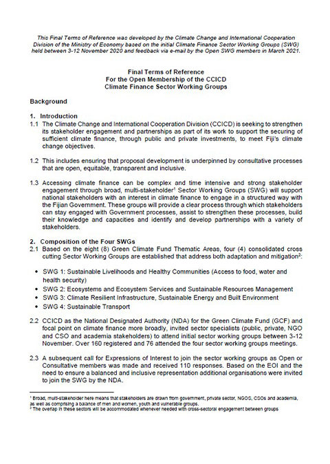 Final Terms of Reference for the Open Membership of the CCICD Climate Finance Sector Working Groups [Climate Change and International Cooperation Division]