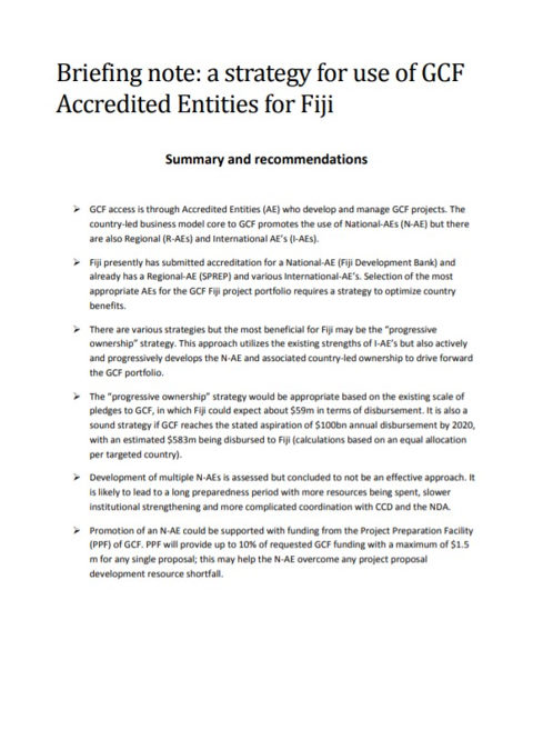 Briefing note: a strategy for use of GCF Accredited Entities for Fiji: Summary and recommendations [Green Climate Fund]